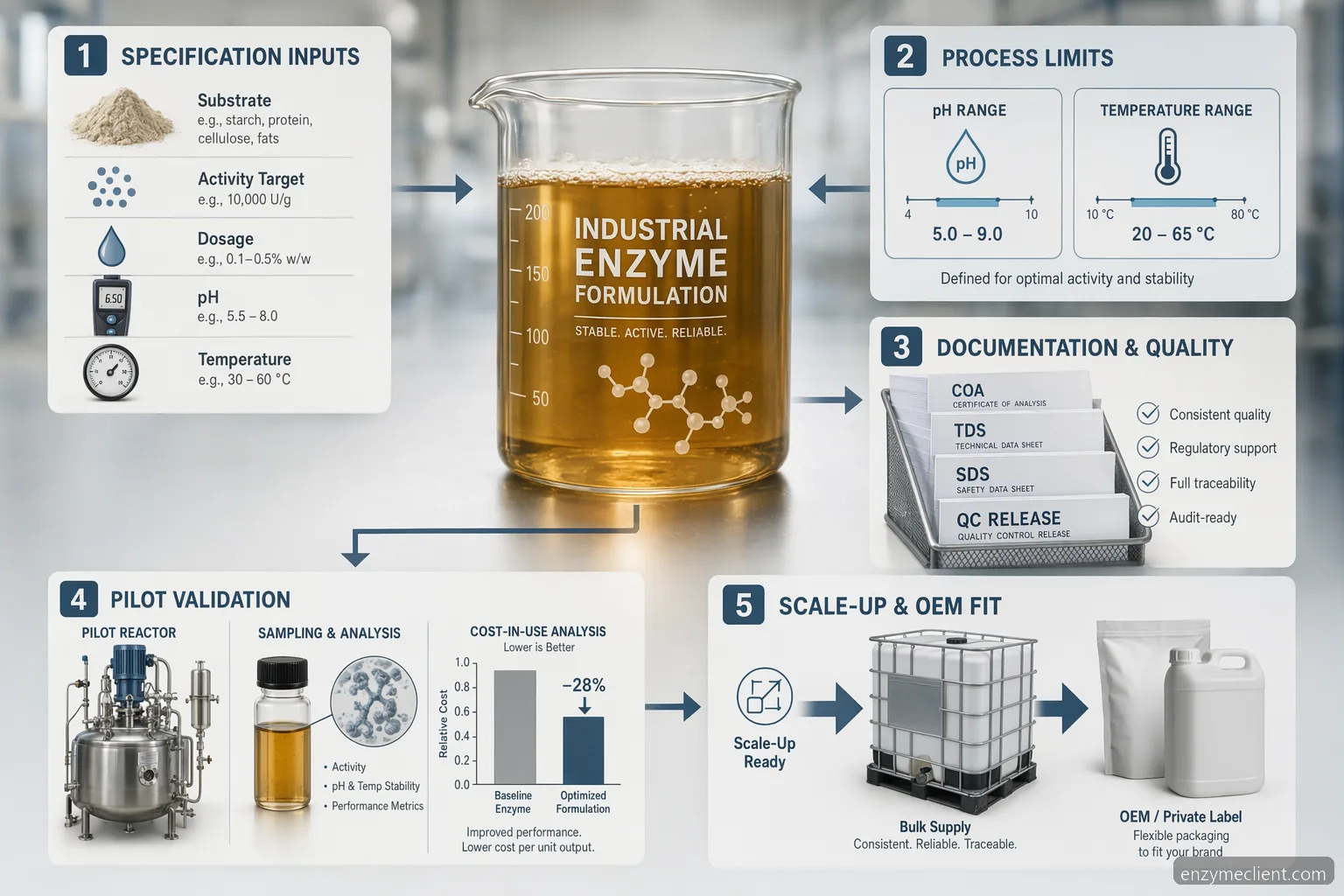 custom enzyme formulation for custom formulation buyer checklist, specs, COA/TDS/SDS, pilot and scale-up steps
