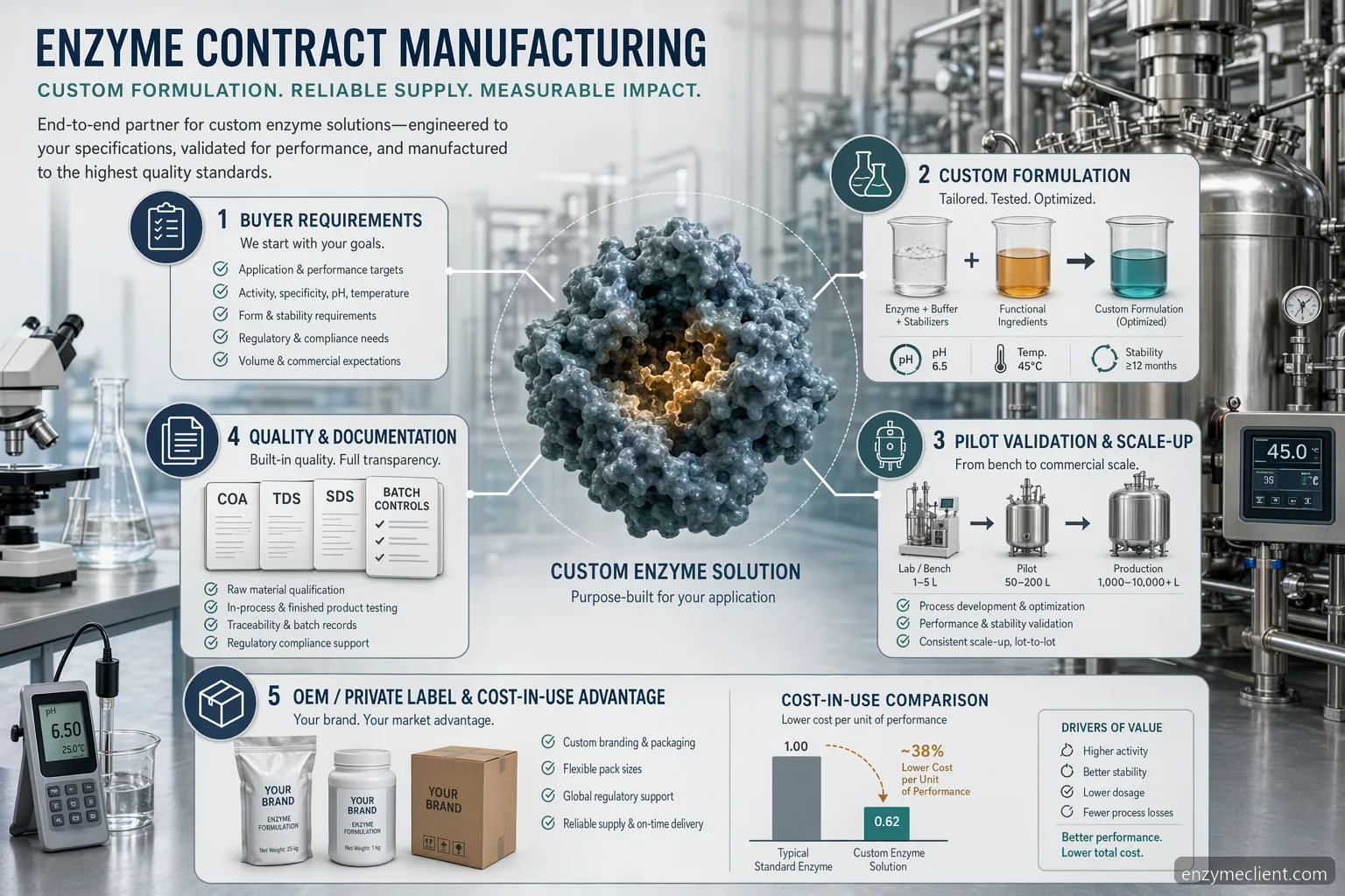 enzyme contract manufacturing supplier for custom formulation guide: partner criteria, pilot validation, QC, OEM flow
