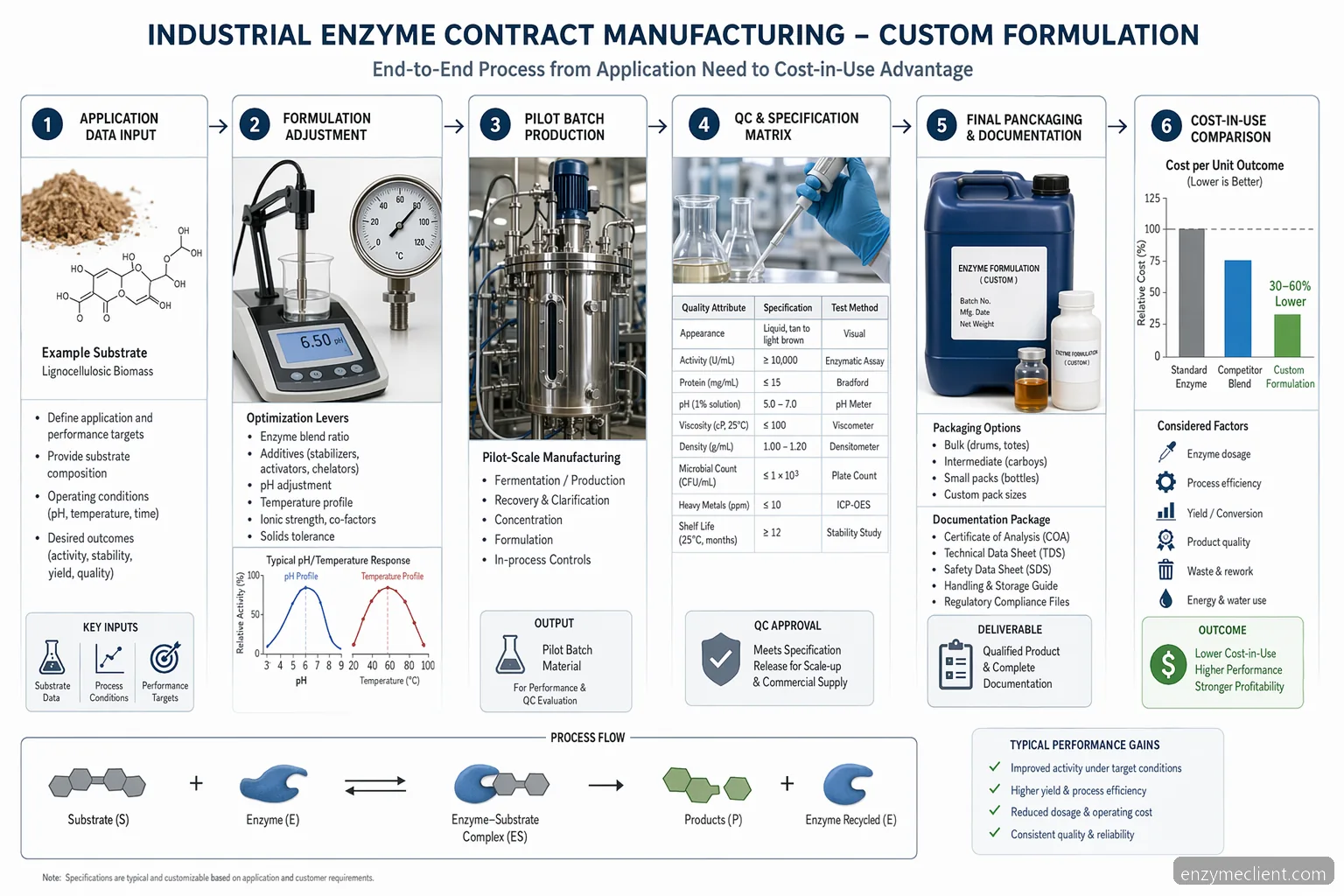 industrial enzyme contract manufacturing custom formulation process map from substrate data to pilot validation and cost-in-use
