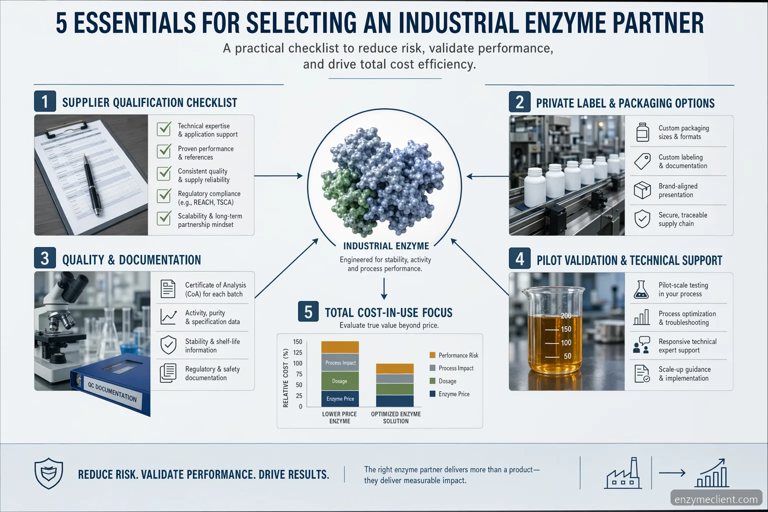 industrial enzyme contract manufacturing custom formulation checklist showing supplier fit, QC, pilot validation