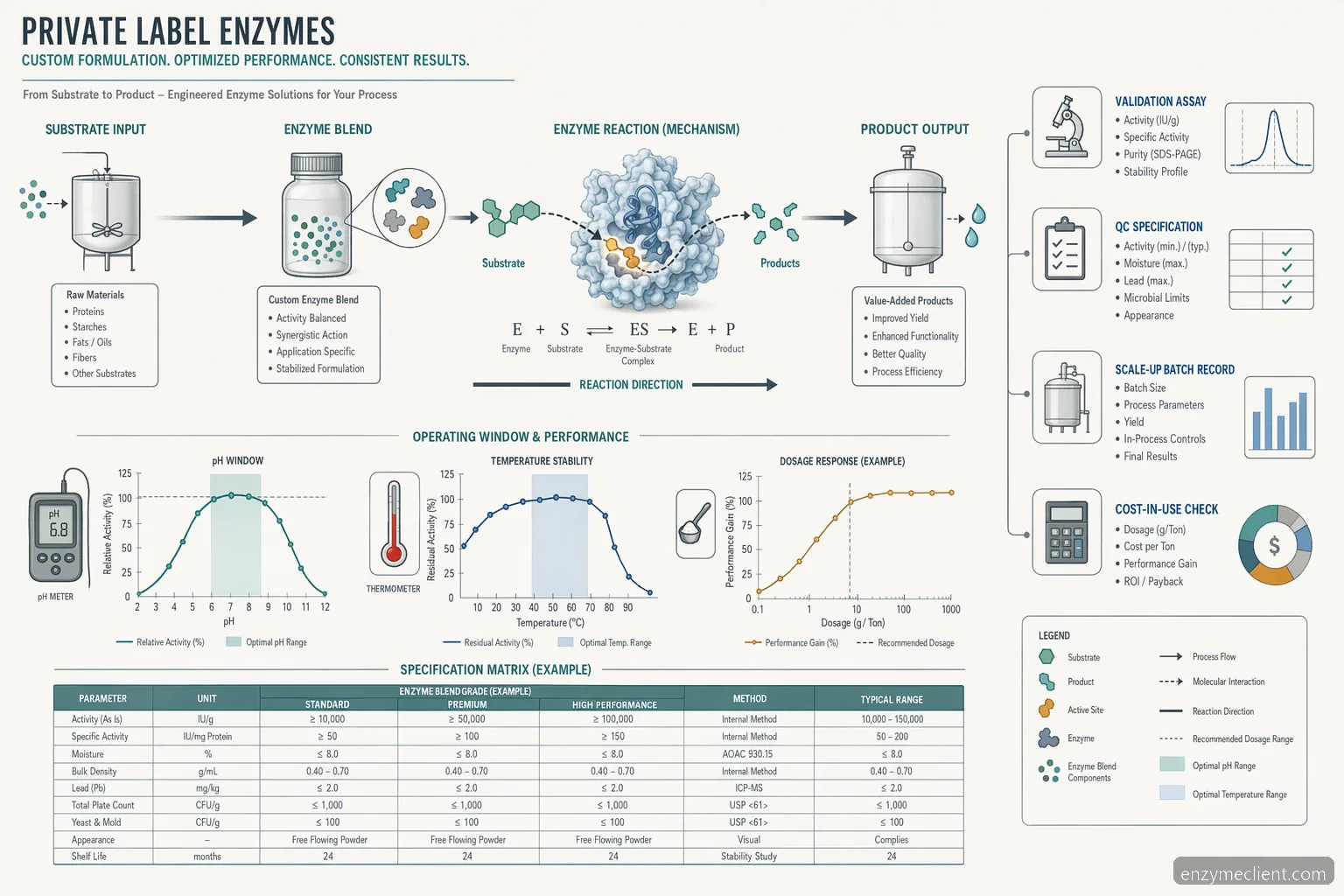 private label enzymes for custom formulation: pH, temperature, dosage, validation, and manufacturing route diagram