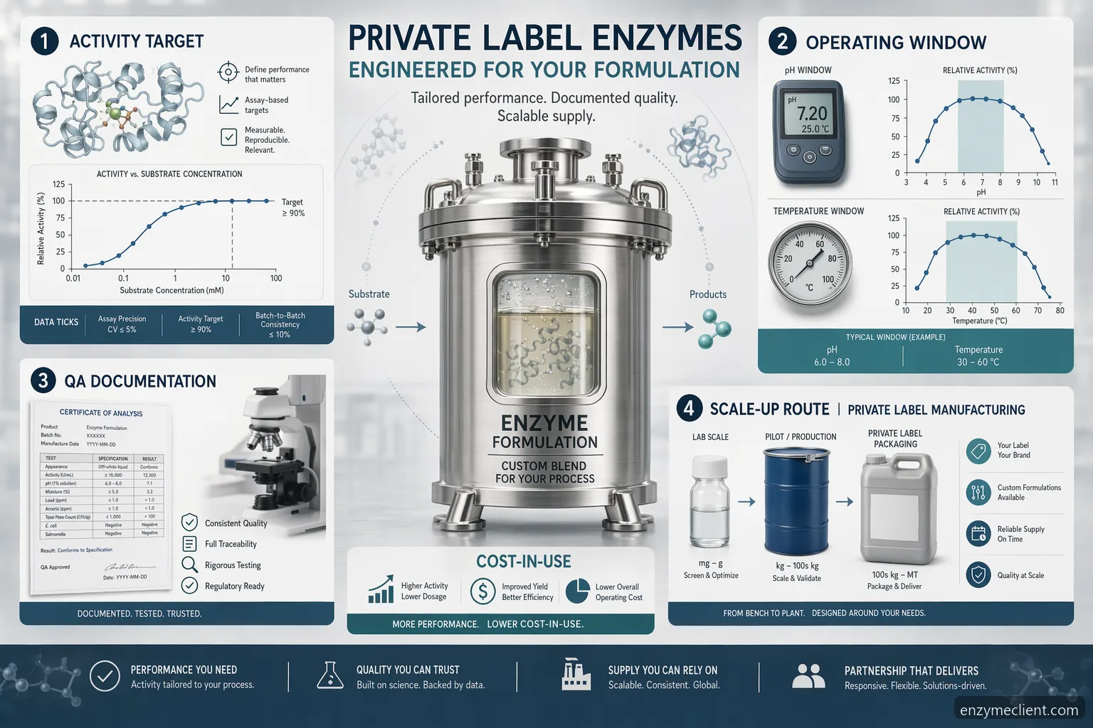 private label enzymes for custom formulation: checklist of activity targets, QA documents, scale-up, and cost-in-use