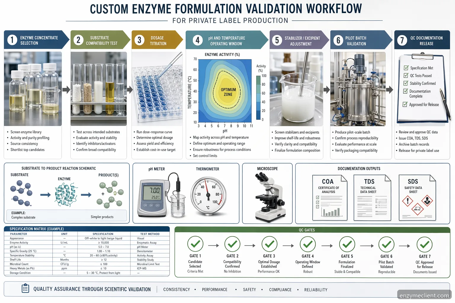 private label enzymes supplier for custom formulation workflow with enzyme activity curves and QC release gates